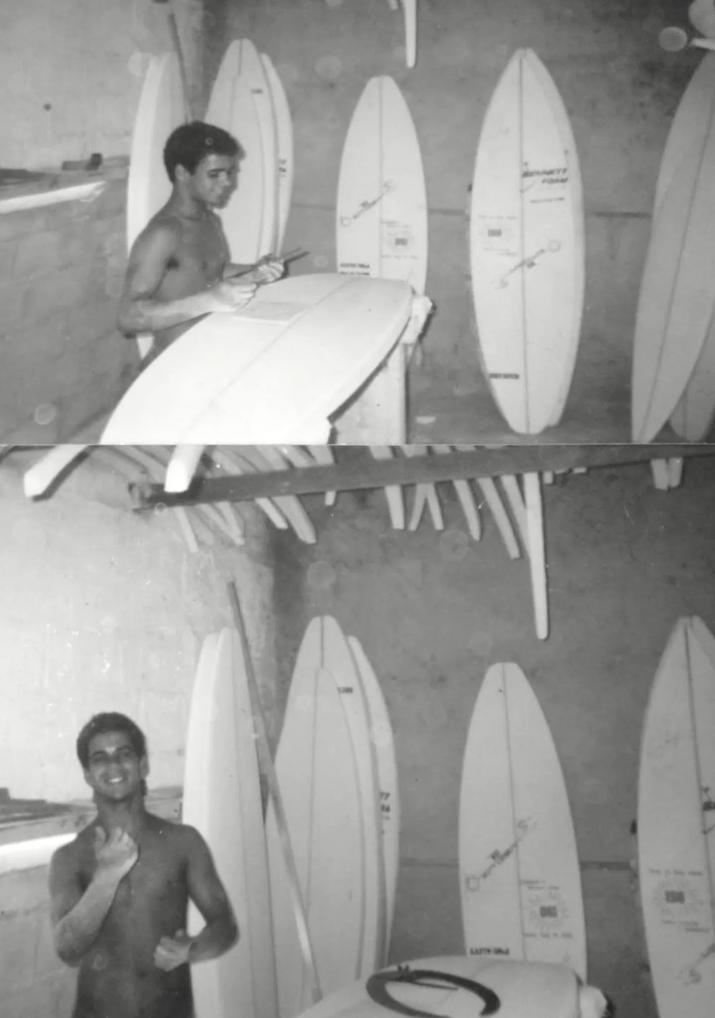 Alessandro Pierre adolescent dans son premier atelier au Brésil, entouré de planches de surf (années 90)