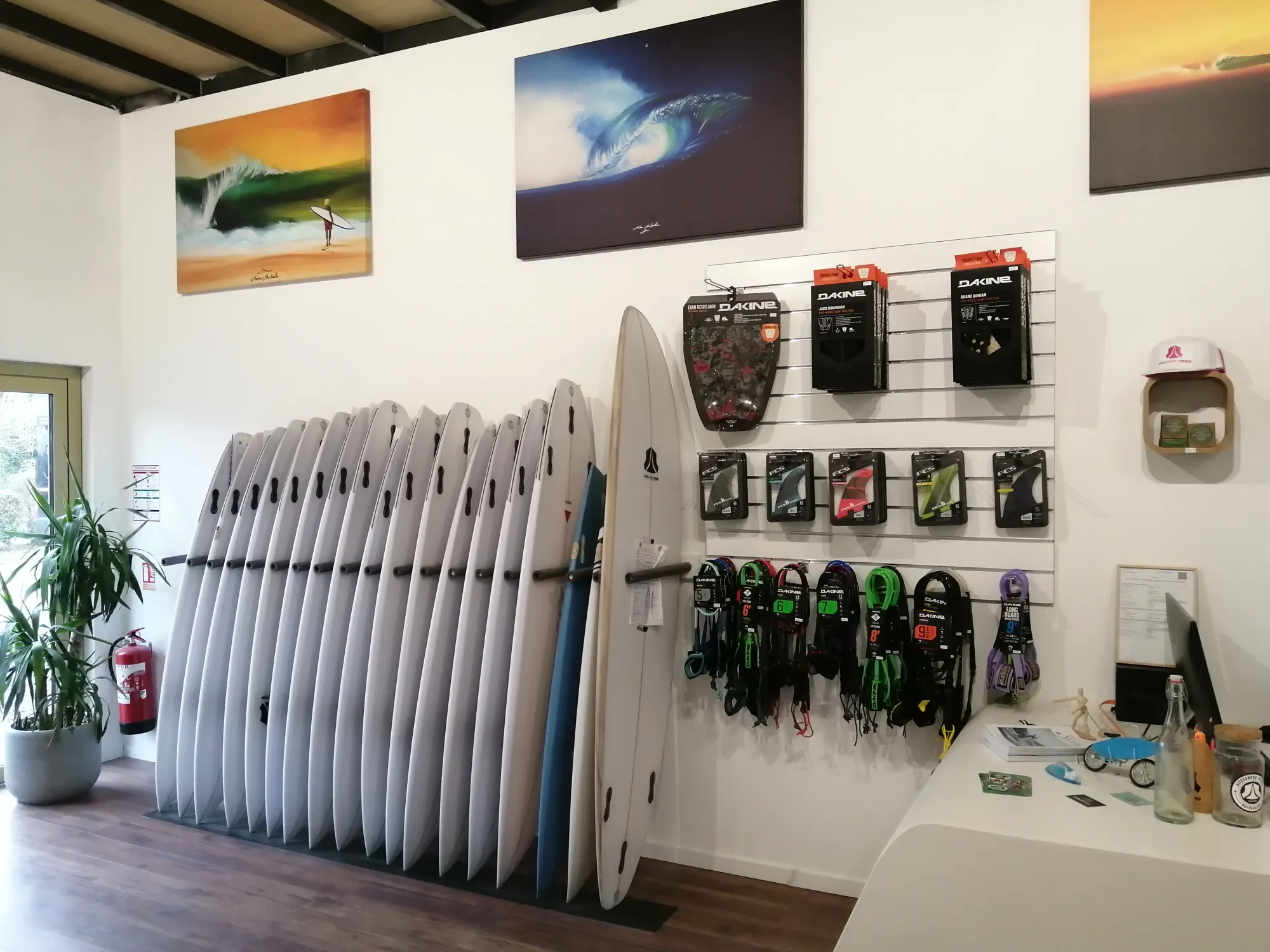 Showroom World Shapes à Seignosse, planches de surf, accessoires Dakine et art surf aux murs